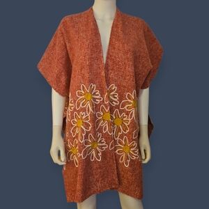 PASSAGE Floral Daisy Embroidered Hippie Open Front Kimono Shawl Cardigan
